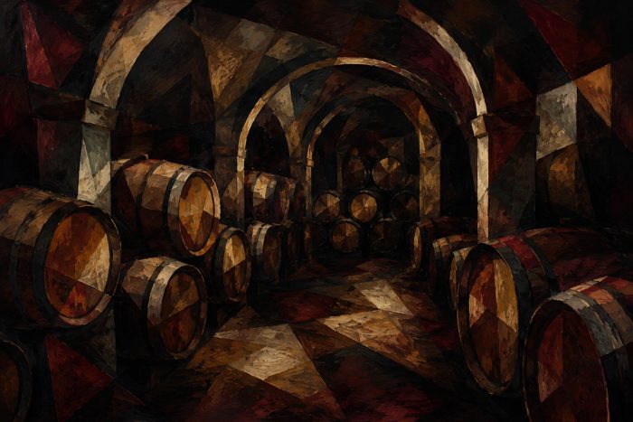 Bottles resting in a cellar rack